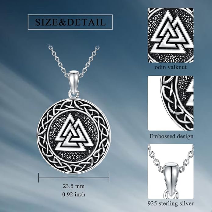 Valknut Viking Necklace 925 Sterling Silver Odin Knot Pendant Necklace Celtic Nordic Pagan Jewelry Gifts for Men Women 18+2"