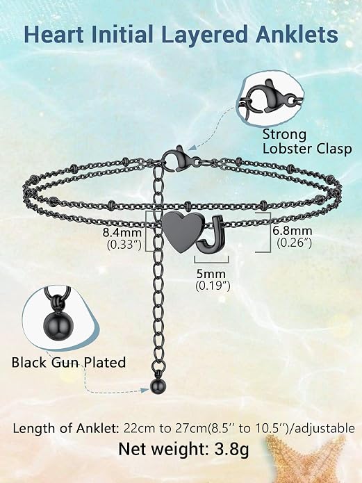 Initial Ankle Bracelets for Women, Dainty Stainless Steel Letter A-Z Layered Anklets, Heart Ankle Bracelet 8.5"-10.5" Adjustable, Summer Beach Jewelry, Come with Box