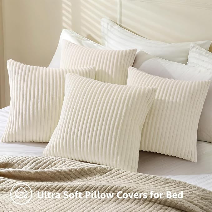 decorUhome Flannel Cream White Throw Pillow Covers 18x18 Set of 4 | Decorative Fall Soft Fluffy Striped Double-Sided Couch Pillow Covers, Modern Farmhouse Pillow Cases for Sofa bed Home Decor