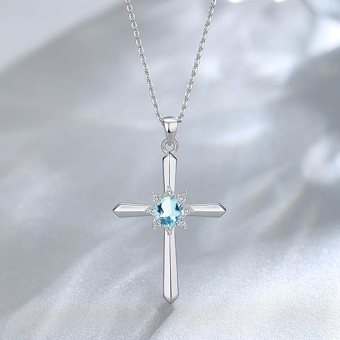FANCIME Birthstone Cross Necklace for Women Sterling Silver Birthstone Necklace Halo Infinity Cross Pendant Necklace Fine Jewelry Valentines Day Gifts Birthday Holiday Gifts for Her, 16"+2" Inches