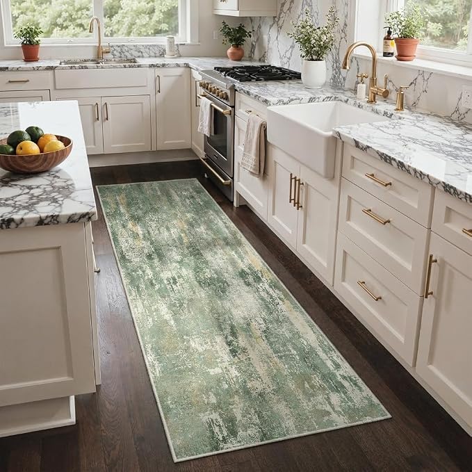 GENIMO Runner Rug Non Slip 2'6"x8', Washable Rug Runner for Hallways Kitchen, Abstract Modern Kitchen Rugs, Low Pile Lightweight Carpet Runners for Entryway, Bedroom, Laundry, Light Green