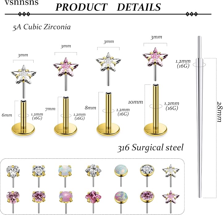 Vsnnsns 14K Gold Plated 16G 18G 20G Threadless Nose Rings Studs Flat Back Earrings Stainless Steel Tragus Helix Conch Earrings Stud Snake Bite Lip Rings Labret Medusa Piercing Jewelry for Women Men