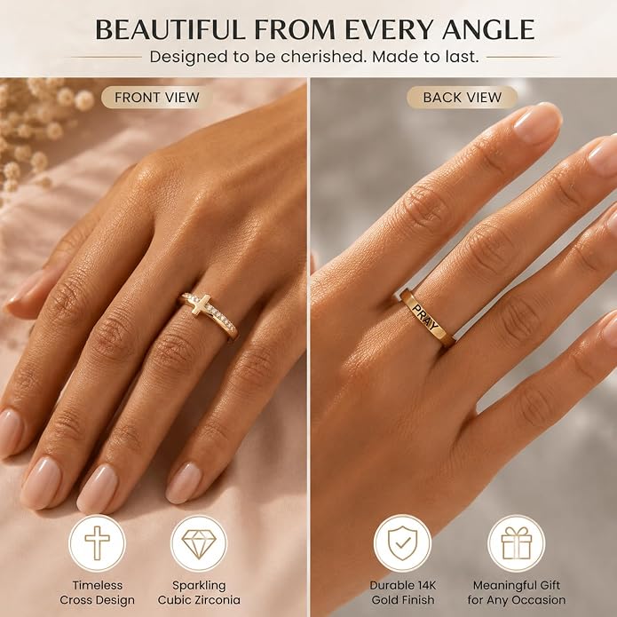Gold Cross Statement Rings for Women 14K Gold Silver Tone Non Tarnish Cute Band High Polished Smooth Comfort Fit Size 5-10