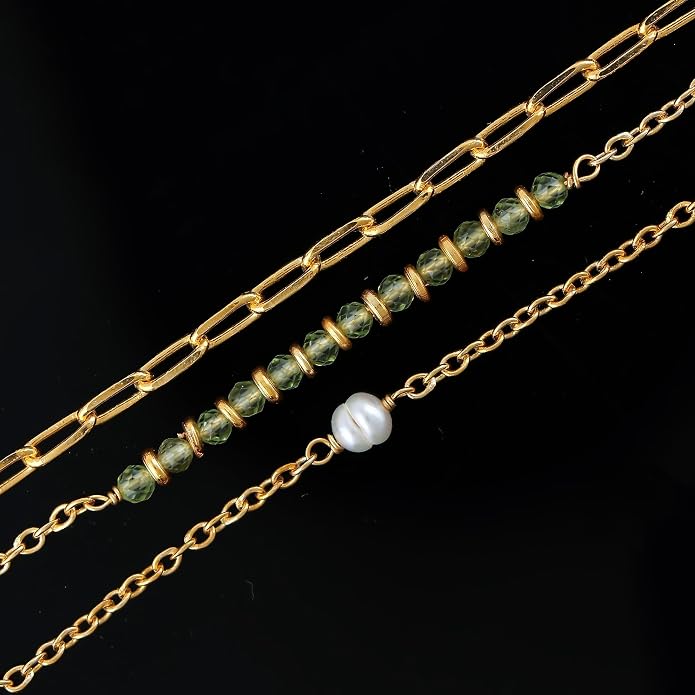 Beads With Pearl 3 Layered Necklaces for Women 14k Gold Plated Dainty Stackable Choker Necklaces for Women Trendy Layering, Cuban Link, Paperclip Chain, For Women Gifts