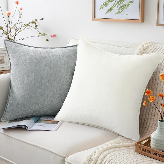 decorUhome Chenille Ultimate Gray Throw Pillow Covers 22x22 Set of 2 | Fall Soft Euro Sham Couch Decorative Modern Velvet Pillow Cases with Elegant Design for Sofa Bed Living Room Home Decor