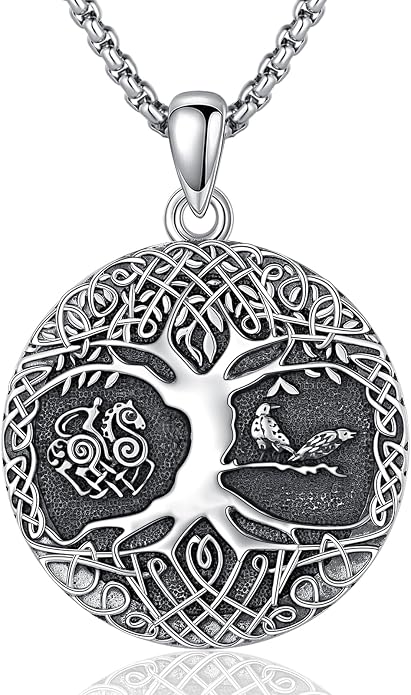 Eusense Viking Necklace for Men Women 925 Sterling Silver Pendant Thors Hammer/Norse Runes/Odin's Ravens/Wolf/Dragon/Snake/Yggdrasil/Freya/Helm of Awe/Valknut/Triskelion/Axe/Shield Viking Jewelry
