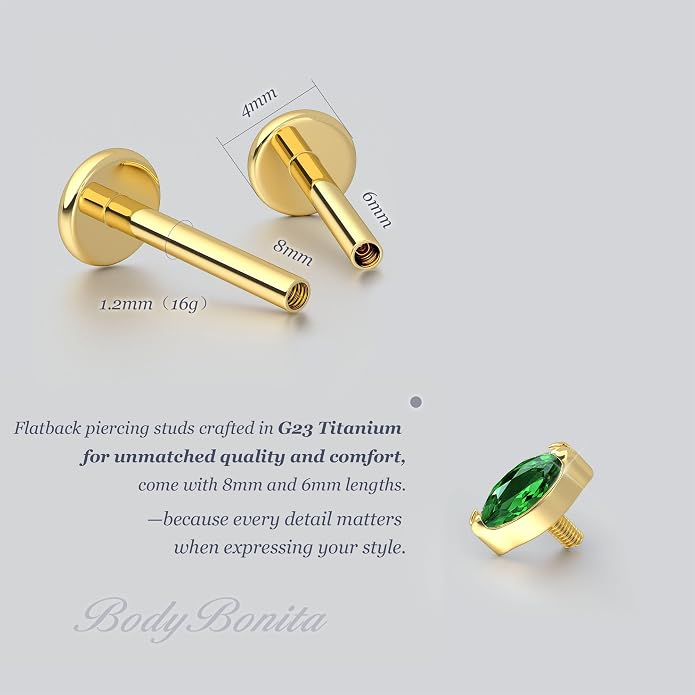 BodyBonita 16G Gold Stud Earrings Flat Back - G23 Titanium Internal Thread Clear CZ Cartilage Earrings for Women
