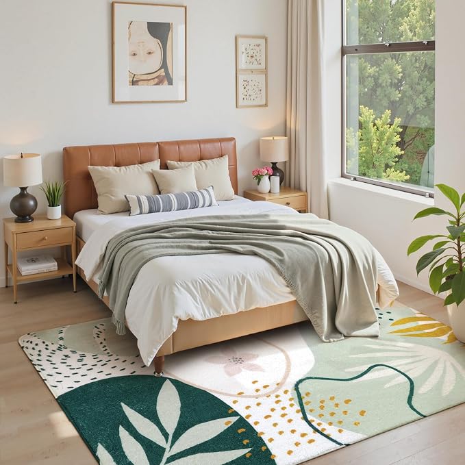 Lahome Sage Green Boho Bedroom Rug 4x6, Washable Non Slip Soft Botanical Area Rug for Cozy Aesthetic Apartment Nursery Dorm Decor