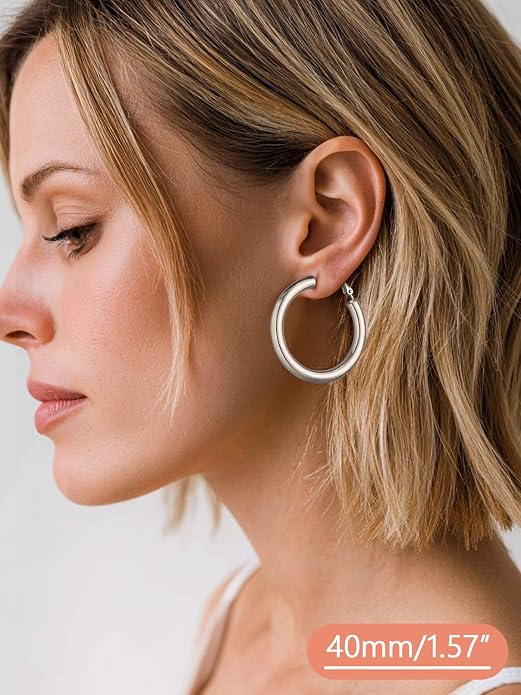 FaithHeart Chunky Hoop Earrings for Women, Silver/Black/14K Gold Plated Stainless Steel Earrings 5mm Thick Hollow Tube Hoops Hypoallergenic Lightweight Earring 20/30/40/50/60/70/80mm