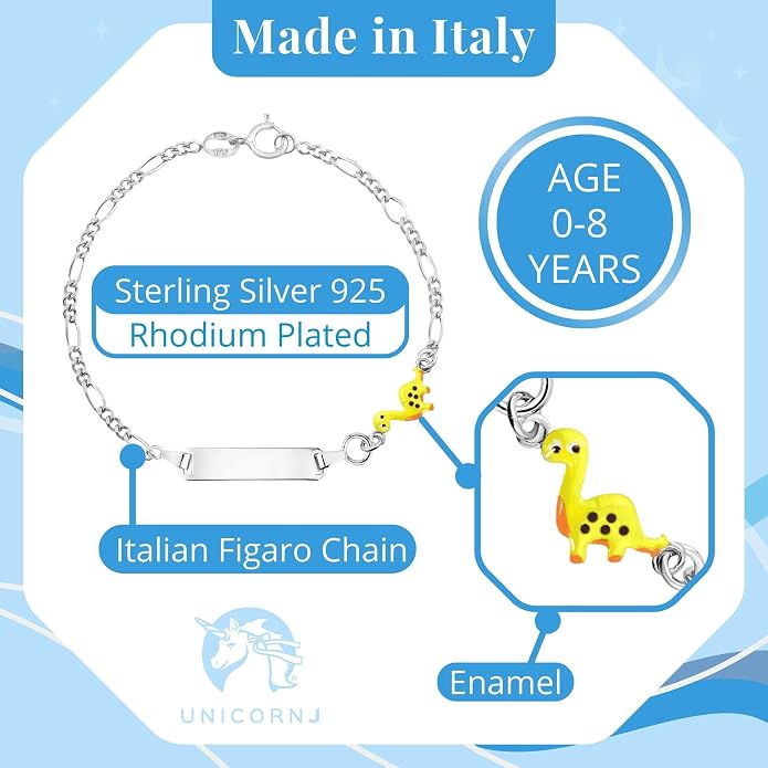 UNICORNJ 925 Italy Sterling Silver Child or Baby Name Bracelet Girls Boys, Personalized Engraved Kids ID Bracelets, 6.5" Figaro Chain, Enamel Charm Newborn Infant Toddler Kid Jewelry