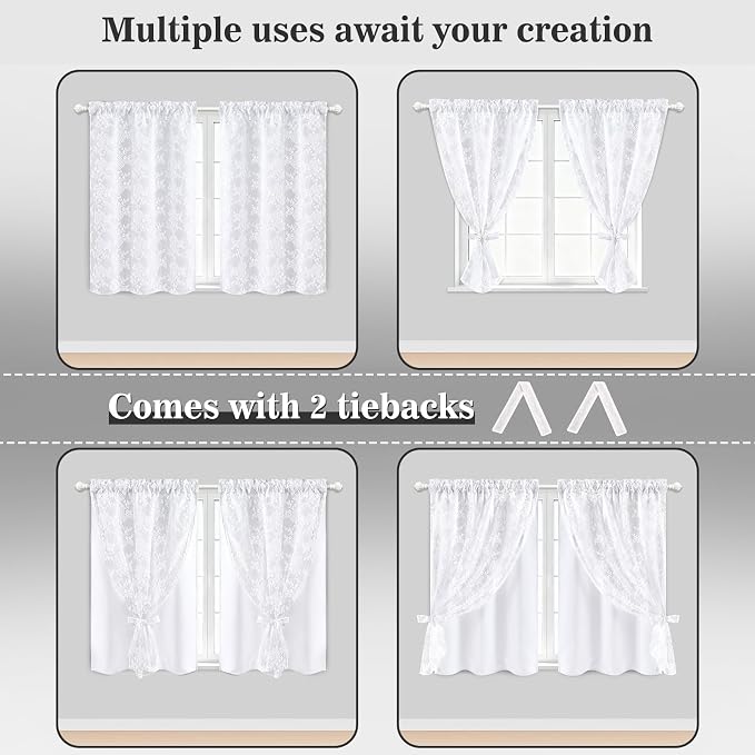 Yinhua White Kitchen Curtains 36 Inch Length Double Layer Blackout Curtains for Kitchen Rod Pocket Short Curtain for Windows, Small Window Curtain for Bathroom, Living Room, 2 Panels