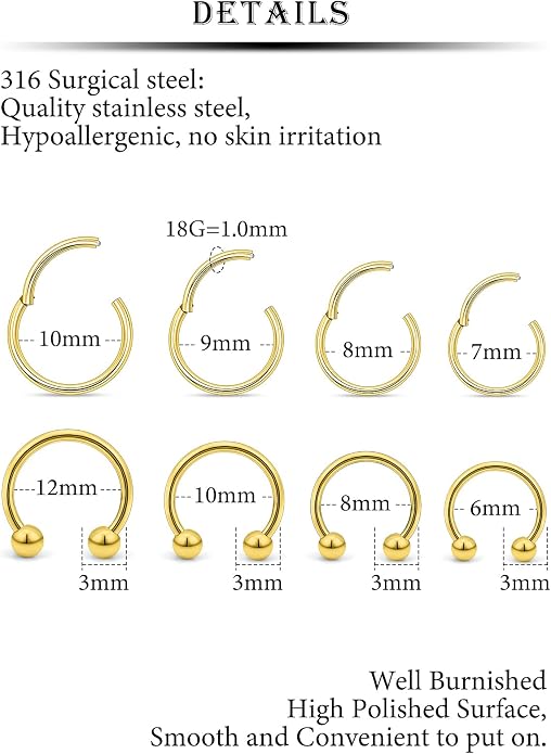 20G 18G 16G 14G 12G 10G Hypoallergenic Nose Rings Hoops for Men Women 316L Surgical Steel Hinged Nose Rings for Nostril Septum Cartilage Helix Daith Tragus Rook Conch Lip Ear Lobe Piercing