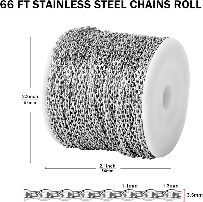 [33 FT] Stainless Steel Cable Chains Bulk for Jewelry Making, 3.5mm 304 Stainless Steel Flat Cable Link Chains Roll Spool for Jewelry Making DIY Craft