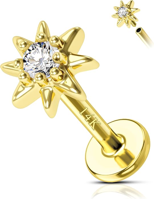 COCHARM 14K Real Gold Helix Cartilage Conch Earring Stud 16g Flat Back Sun Helix Cartilage Conch Tragus Piercing 16g Yellow Gold Internally Threaded Star Tragus Stud Jewelry