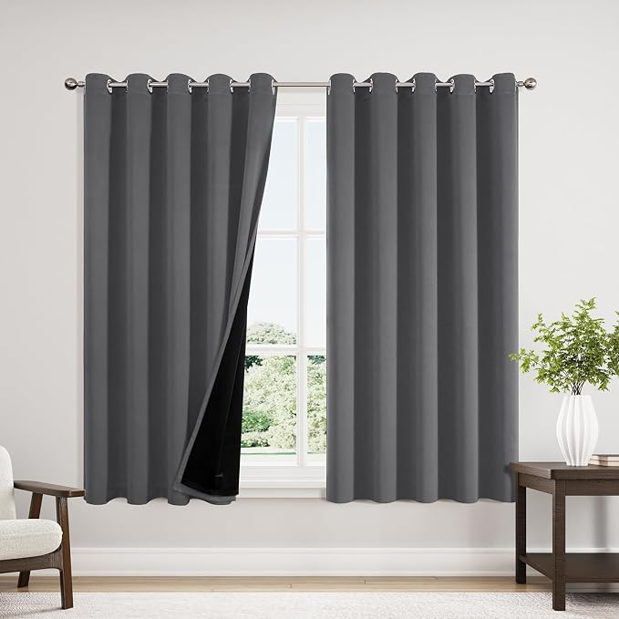 ChrisDowa 100% Blackout Curtains for Bedroom 63 Inches Long 2 Panels Set | 2 Thick Layers, Thermal Insulated, Light Blocking, Grommet, Window Treatment, Living Room Drapes, Grey, 60 x 63 Inch