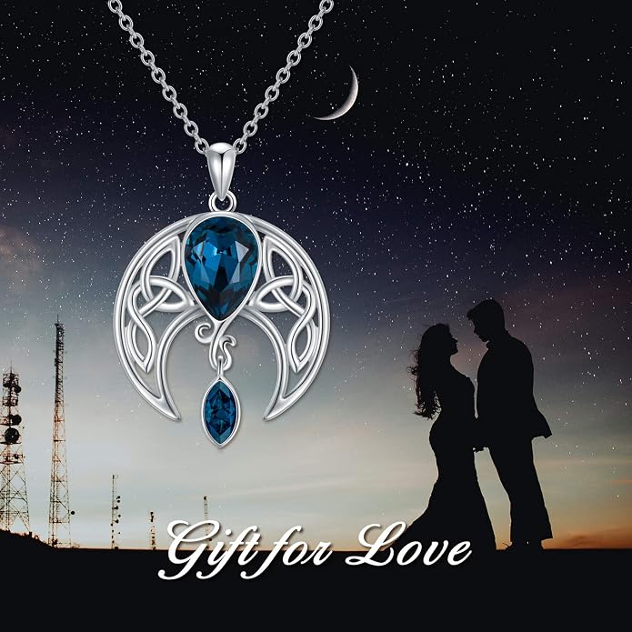 AOBOCO Sterling Silver Celtic Crescent Moon Goddess Pendant Irish Good Luck Necklace with Birthstone Crystal, Celtic Moon Jewelry Gift for Women Mom Wife