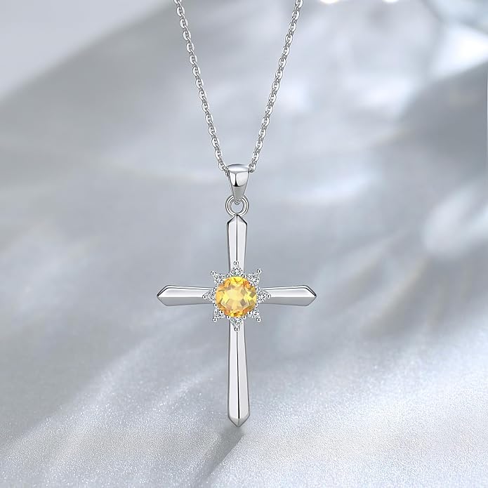 FANCIME Birthstone Cross Necklace for Women Sterling Silver Birthstone Necklace Halo Infinity Cross Pendant Necklace Fine Jewelry Valentines Day Gifts Birthday Holiday Gifts for Her, 16"+2" Inches