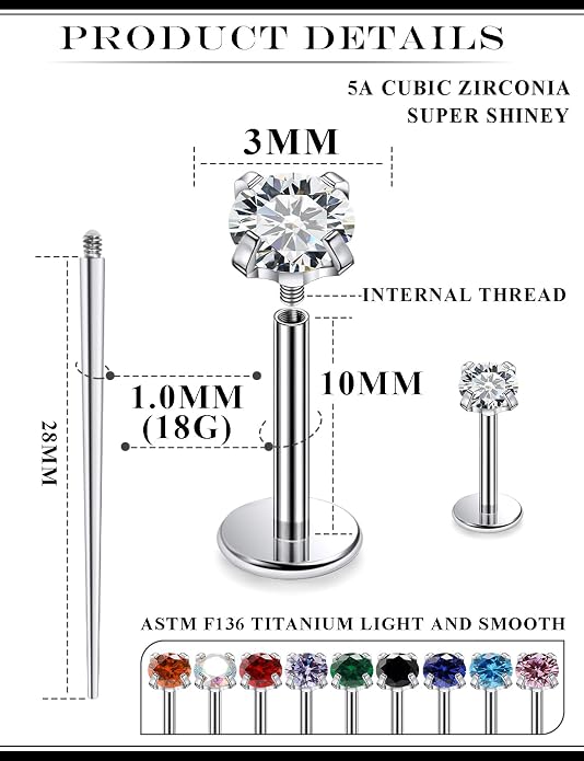 20G 18G 16G Astm F136 Titanium Internal Thread Flat Back Earrings Nose Studs Tragus Helix Conch Cartilage Lobe Earrings Medusa Labret Snake Bite Monroe Lip Ring Piercing Jewelry For Women Men