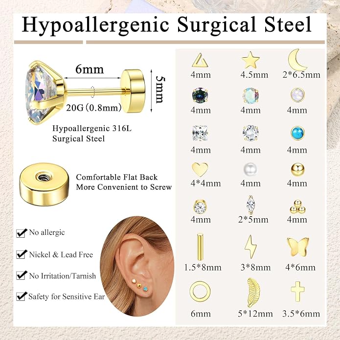 Jstyle 21 Pairs Hypoallergenic Flat Back Stud Earrings for Women Men Surgical Stainless Steel Earrings for Sensitive Ears Cartilage Earring Small Studs Earrings Set Stacks Screw Back Earrings Piercing