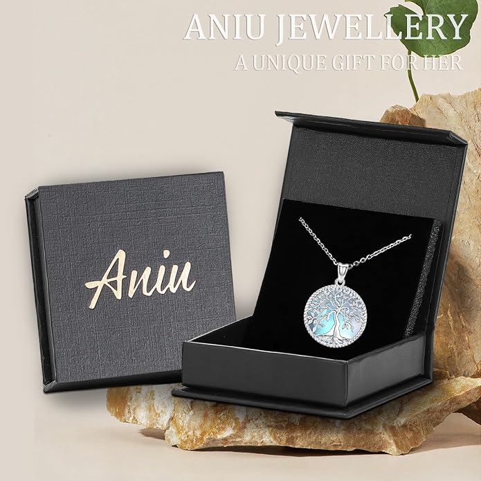 Aniu Tree of Life Necklace for Women, 925 Sterling Silver Mother of Pearl Family Palm Tree Charm Pendant Jewelry for Birthday Christmas Gift