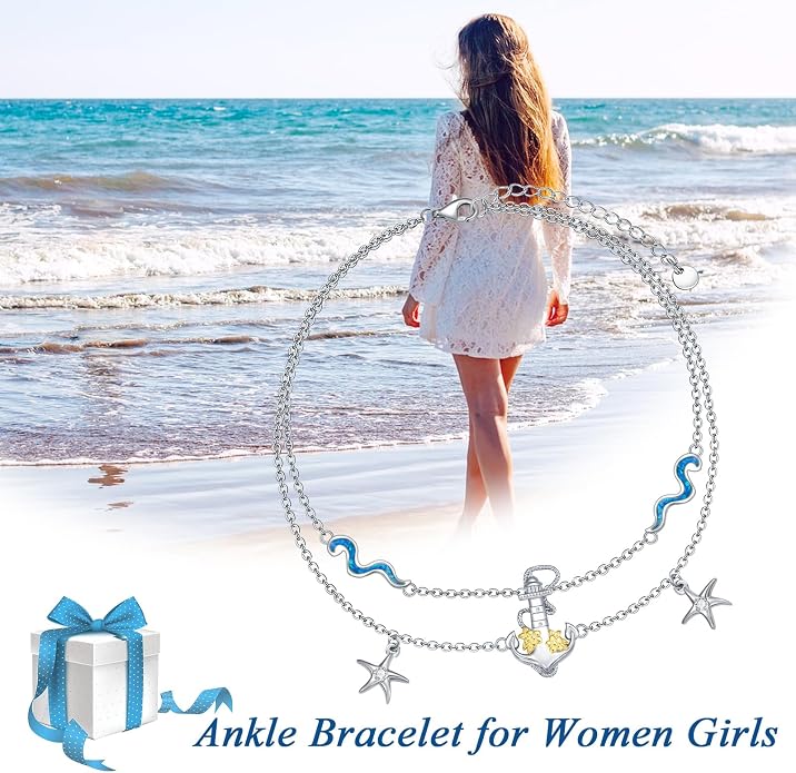 Dragonfly/Evil Eye/Hamsa Evil Eye/Lotus/Mushroom Anklet Bracelets for Women Sterling Silver Adjustable Double Layered Bracelet Anklet Mother's Day Jewelry Gifts Beach Jewelry