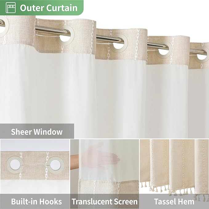 eachope Boho Farmhouse No Hook Shower Curtain Set with Snap-in Fabric Liner,Heavy-Duty Linen Textured Rustic Striped Design,Water-Repellent with Tassels and Sheer Window,Cream/Beige,71x74