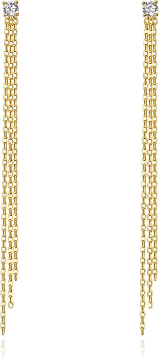 S.Leaf S925 Sterling Silver Threader Chain Earrings 18K Gold Plated Cubic Zirconia Dainty Dangle Double Piercing Long Drop Dangly Pull Through Tassel Chain Earrings Gifts for Women