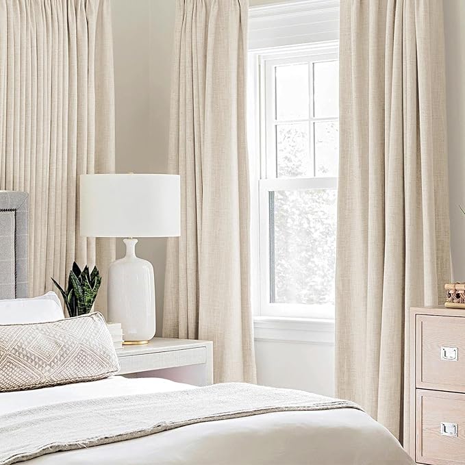 MIULEE 100% Blackout Linen Textured Curtains for Bedroom Solid Thermal Insulated Cream Beige Grommet Room Darkening Curtains & Drapes Luxury Decor for Living Room 52 x 90 Inch (2 Panels)