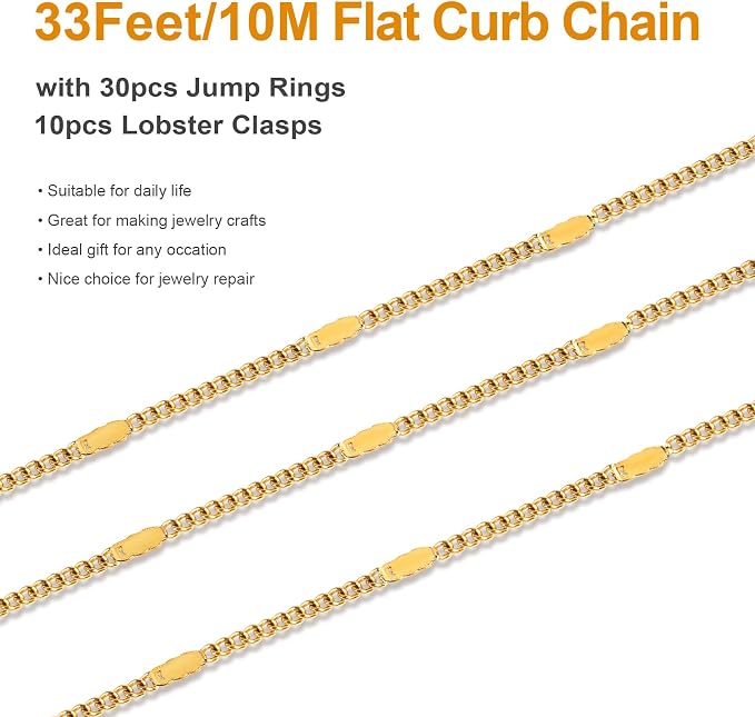 Kyutong 32.8 Feet Gold Plated Jewelry Making Chain on Spool Thin Flat Curb Chains Solid Stainless Steel Jewelry Chain for Necklace DIY with Jewelry Accessories