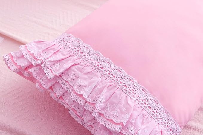 2-Pack Pink Pillow Shams Cases Covers with Ruffles and Lace Cotton Queen Size 30"X20"Soft Boudoir Luxurious
