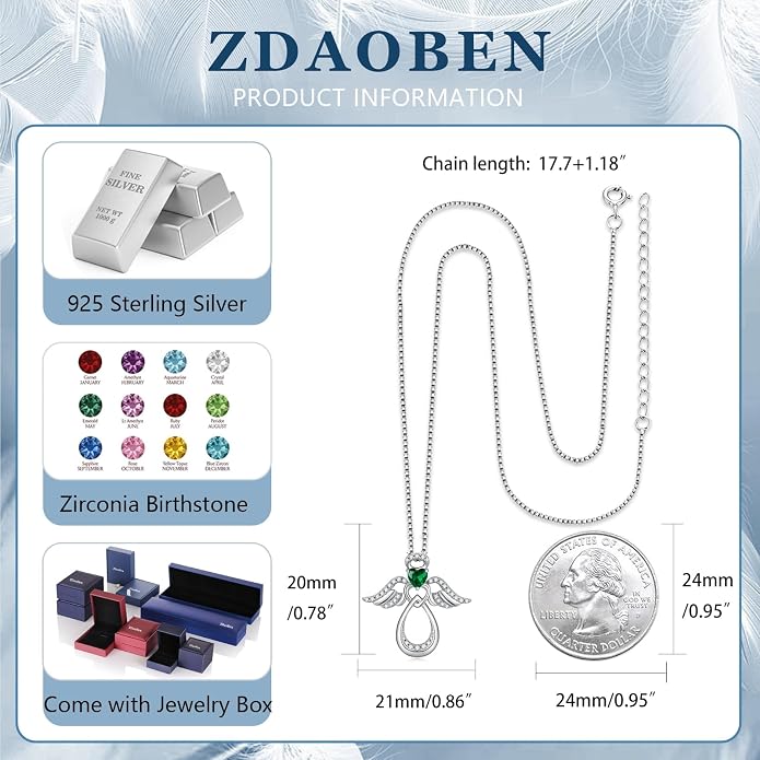 925 Sterling Silver Guardian Angel Pendant Necklace for Women with Birthstone Cubic Zirconia Little Angel Pendant Necklace Jewelry 18 inch Chain