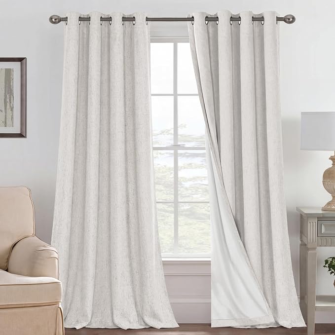 H.VERSAILTEX Blackout Curtains Linen Curtains 120 inches Long 100% Black Out Curtains for Bedroom Windows, Textured Linen Look Draperies Grommet with White Liner, 2 Panels, Ivory