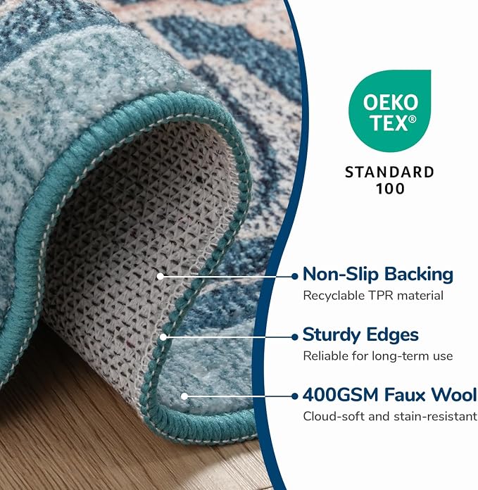 Lessymo Area Rug 6x9, Machine Washable Area Rugs, Super Soft Faux-Wool Area Rugs for Living Room Bedroom Kitchen, Boho Vintage Floral, Non-Slip Low Pile, Kid & Pet Friendly, Dark Green
