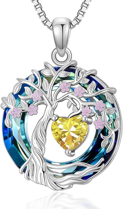 Tree of Life Birthstone Necklace 925 Sterling Silver Crystal Tree of Life Pendant Birthstone Jewelry Birthday Christmas Gifts for Women Mom Her Wife