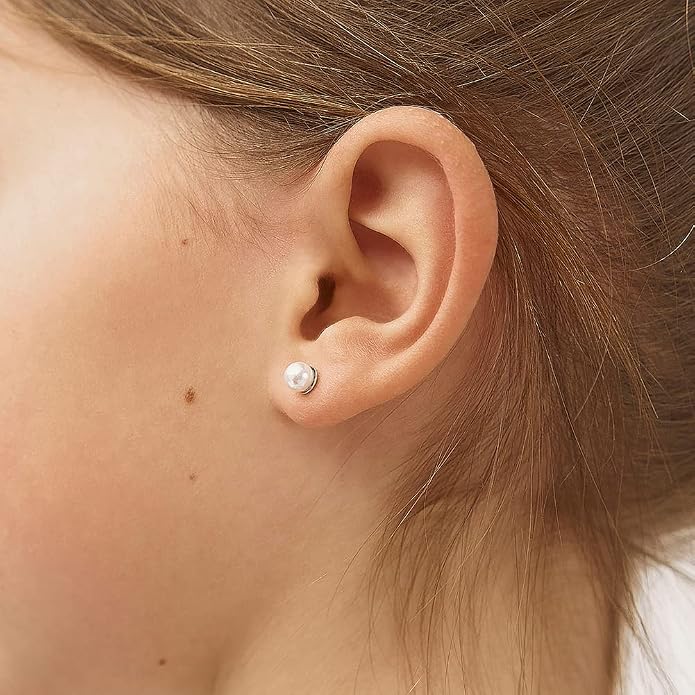 925 Sterling Silver Simulated Pearl Baby Earrings in 3mm-5mm for Toddlers & Young Girls - Hypoallergenic Safety Screw Back Earrings with White Simulated Pearls for Kids