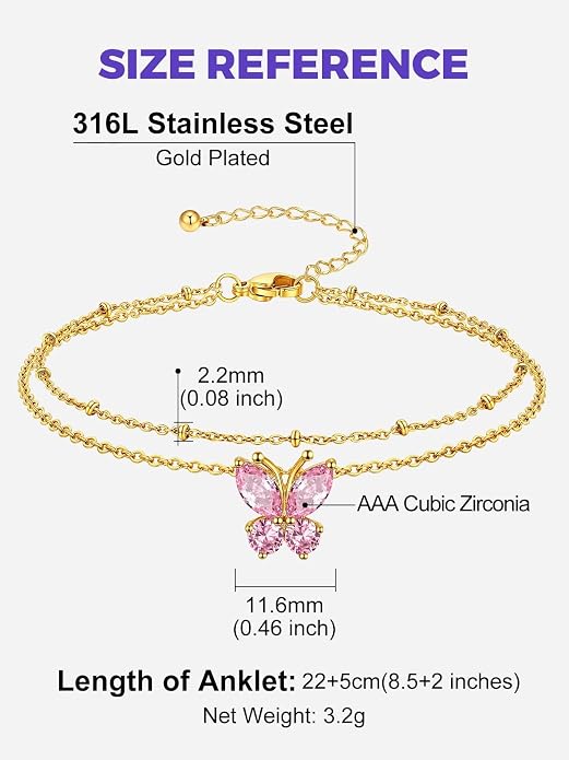 Richsteel Double Layer Heart/Butterfly Birthstone Anklet for Women Non Tarnish Waterproof, Silver/Gold/Black Stainless Steel 8.5-10.5 Inch Adjustable Chain Anklets Jewelry Gifts for Her