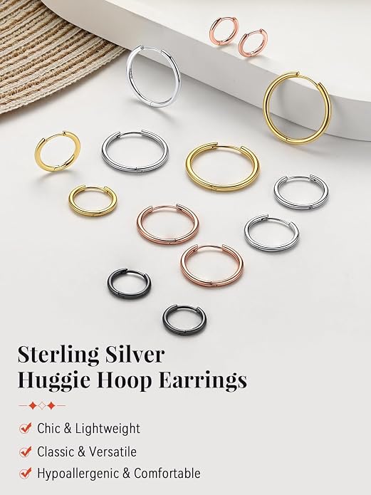 FaithHeart 925 Sterling Silver Huggie Hoop Earrings, Small Hoop Earring for Women, Silver/14K Gold/Black/Rose Gold Hypoallergenic Cartilage Earrings for Women 8/10/12/14/16/18/20mm
