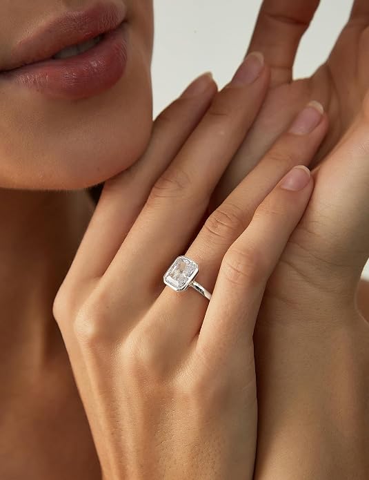 EAMTI 3CT Engagement Rings for Women Radiant Cut CZ Solitaire Promise Wedding Bands Travel Bezel Ring Size 4-10