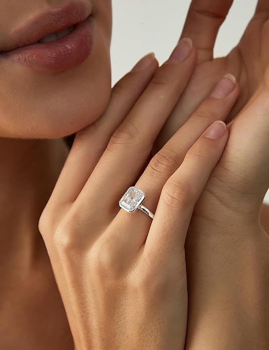 EAMTI 3CT Engagement Rings for Women Radiant Cut CZ Solitaire Promise Wedding Bands Travel Bezel Ring Size 4-10