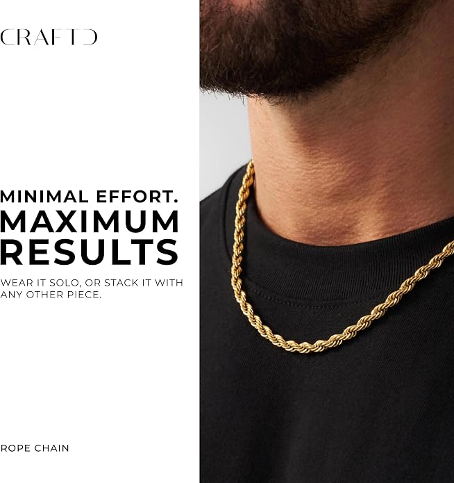 CRAFTD - Gold Rope Link Chain - Durable 18K Gold & 316L Stainless Steel - Waterproof, Heat & Sweat Resistant - Gifts for Men - Men's Jewelry