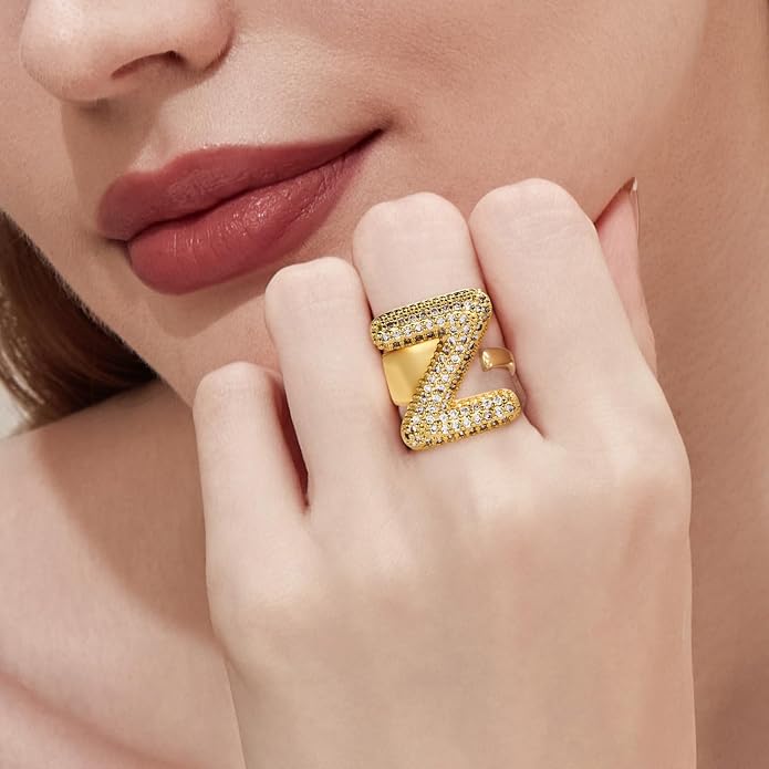 Cicy Bell Initial Rings for Women 14k Gold Plated Cubic Zirconia Delicate Letter Chunky Statement Open Rings Gifts for Her