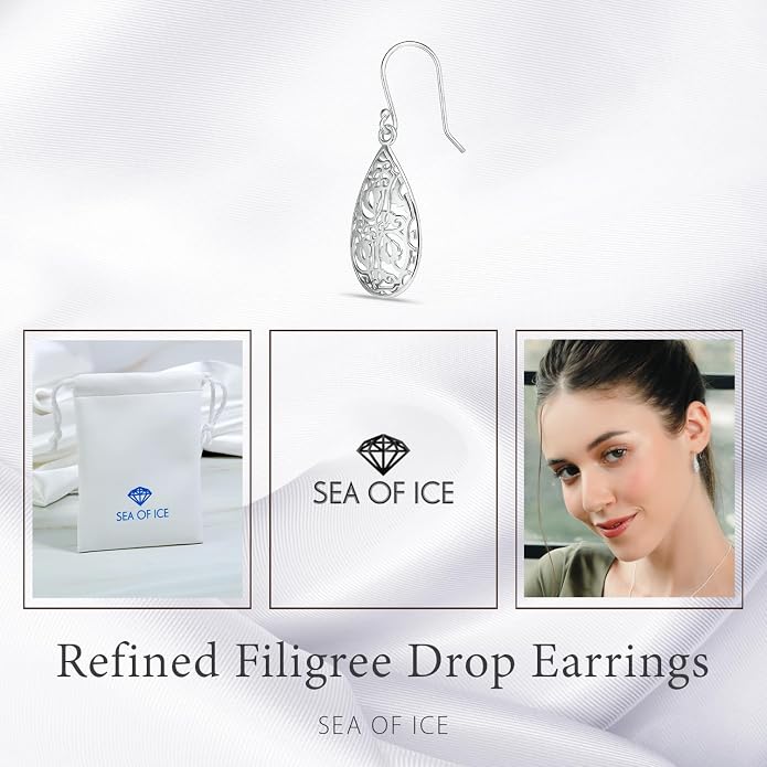 Sterling Silver Tear Drop Dangle Filigree Earrings for Women – boho and Chic Pear Shape Hook Earrings with Thin and Lightweight Hook
