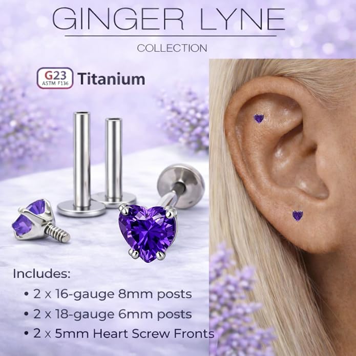Titanium Heart CZ Labret Stud Earrings for Piercings by Ginger Lyne 6Pc Set G23 Screw Front Flat Back Body Jewelry 2 pair post 6mm, 8mm Cartilage, Helix, Tragus, Lip, Conch, Lobe