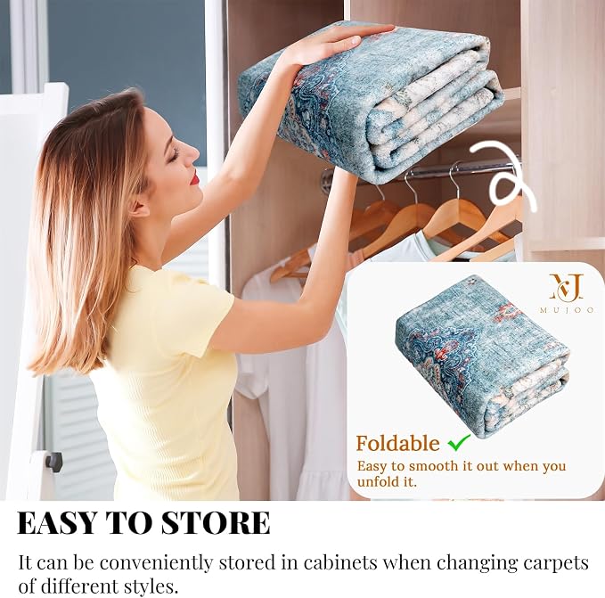 MUJOO Teal Rug Washable,6x9 Area Rugs Non Slip Low-Pile Floral Large | Machine Washable Throw Carpet for Living Room Bedroom Dining Room Boho Soft Indoor Vintage Abstract Flowers Blue Colorful