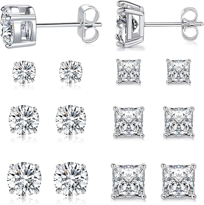 MDFUN 6 Pairs Stud Earrings Set 3mm/5mm/7mm Princess & Round Cubic Zirconia Earrings Hypoallergenic 316L Surgical Stainless Steel CZ Earrings for Women Men