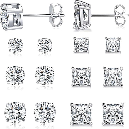 MDFUN 6 Pairs Stud Earrings Set 3mm/5mm/7mm Princess & Round Cubic Zirconia Earrings Hypoallergenic 316L Surgical Stainless Steel CZ Earrings for Women Men