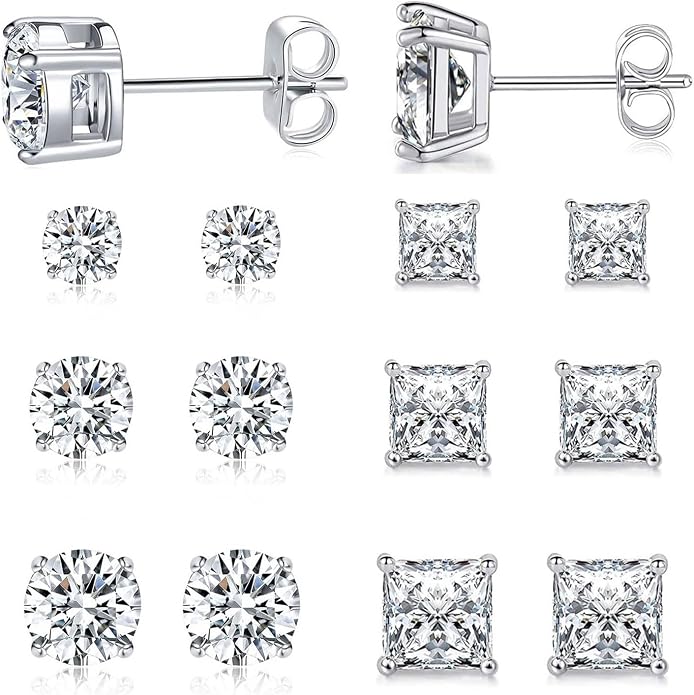 MDFUN 6 Pairs Stud Earrings Set 3mm/5mm/7mm Princess & Round Cubic Zirconia Earrings Hypoallergenic 316L Surgical Stainless Steel CZ Earrings for Women Men