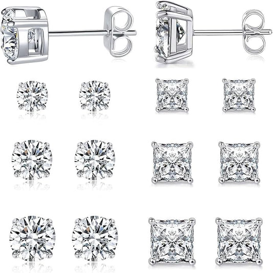 MDFUN 6 Pairs Stud Earrings Set 3mm/5mm/7mm Princess & Round Cubic Zirconia Earrings Hypoallergenic 316L Surgical Stainless Steel CZ Earrings for Women Men