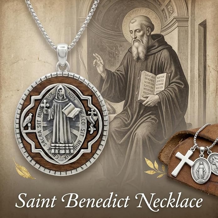 ONEFINITY Wooden Necklace Viking Wolf/St Benedict Medals/St Michael/Crucifix/St Christopher Pendant Necklace for Men Archangel Amulet Wooden Religious Jewelry Gifts for Men Women
