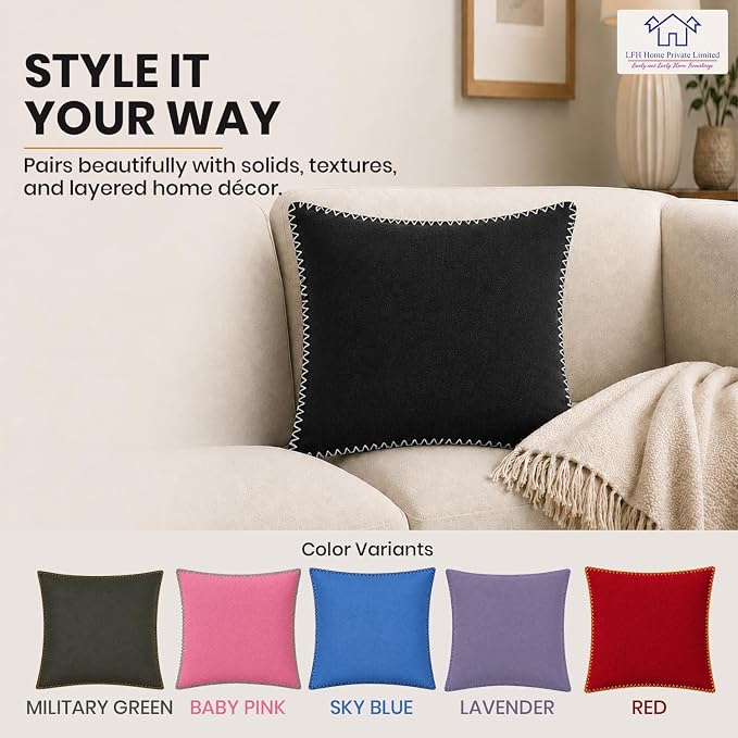 LFH Home Black Cotton Rich Throw Pillow Covers 18x18 Set of 4, Decorative Cushion Covers with Blanket Stitch Edge, Farmhouse Accent Pillow Cases for Sofa Couch Bed Living Room, 18 x 18 Inch